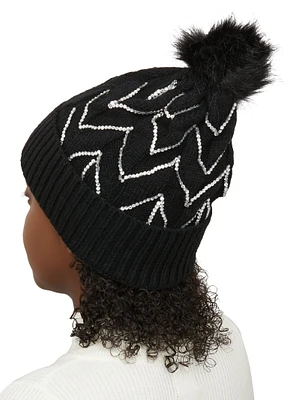 Womens Textured Knit Sequin Pom Pom Beanie, Black