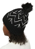 Womens Textured Knit Sequin Pom Pom Beanie, Black