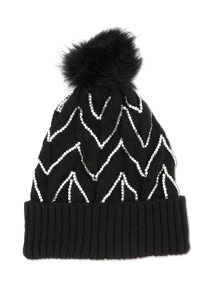 Womens Textured Knit Sequin Pom Pom Beanie, Black