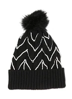 Womens Textured Knit Sequin Pom Pom Beanie, Black