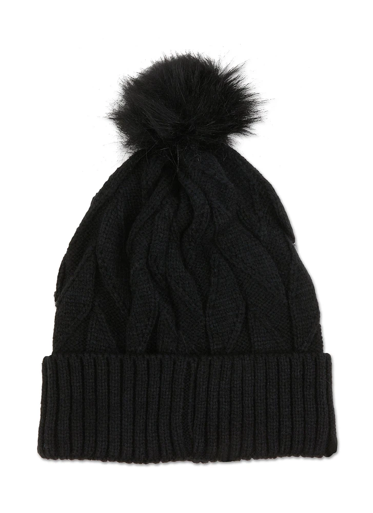 Womens Textured Knit Sequin Pom Pom Beanie, Black