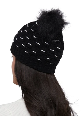 Womens Studded Pom Pom Beanie, Black