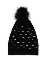 Womens Studded Pom Pom Beanie, Black