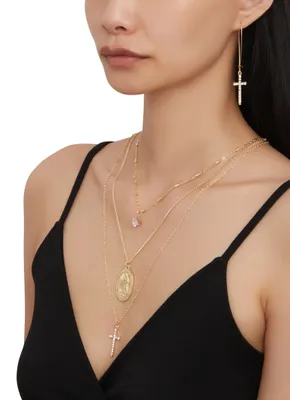 Womens Religious Charm Layered Necklace and Drop Earrings, Gold