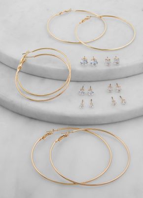 Womens Set of 9 Rhinestone Stud Earrings with Hoop Earrings, Gold