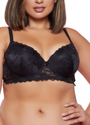 Womens Plus Size Floral Lace Bow Plunge Bra, Black, Size 38D