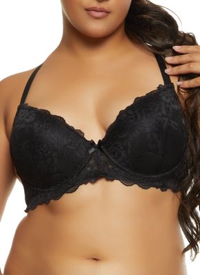 Womens Plus Scalloped Lace Plunge Bra, Black,