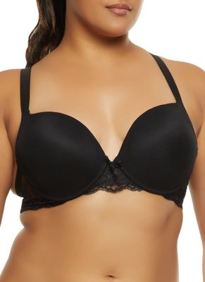 Womens Plus Scalloped Lace Back Plunge Bra, Black,