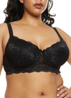 Womens Plus Size Lace Floral Patterned Plunge Bra, Black, Size 38DD