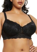 Womens Plus Size Lace Floral Patterned Plunge Bra, Black, Size 38DD