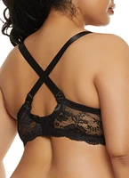 Womens Plus Size Lace Floral Patterned Plunge Bra, Black, Size 38DD