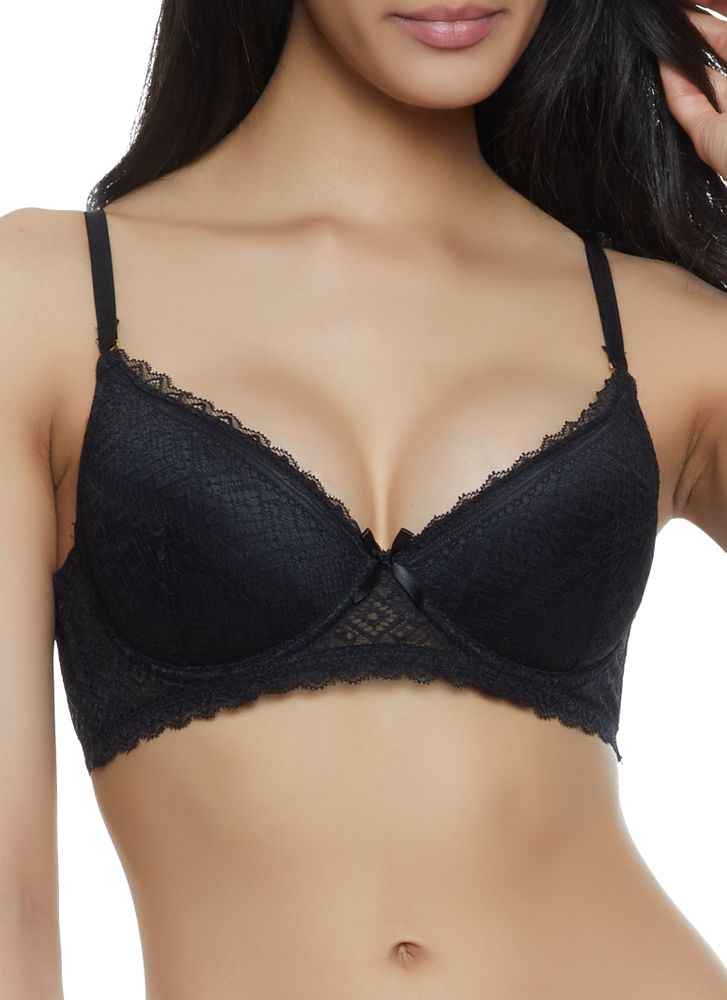 Womens Lace Patterned Basic Plunge Bra, Black, Size 38B