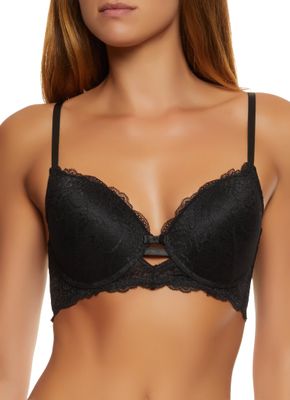 Womens Solid Lace Caged Front Plunge Bra, Black,