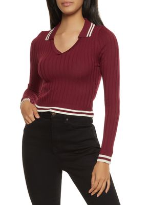 Womens Striped Trim Cropped Sweater Burgundy Size Medium