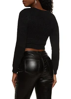Womens Eyelash Knit Rhinestone Heart Keyhole Sweater, Black, Size S