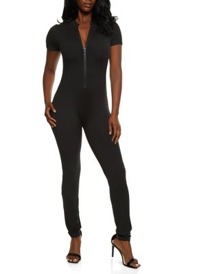 Womens Half Zip Mock Neck Short Sleeve Catsuit, Black, Size L