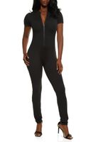 Womens Half Zip Mock Neck Short Sleeve Catsuit, Black, Size L