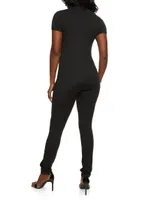 Womens Half Zip Mock Neck Short Sleeve Catsuit, Black, Size S