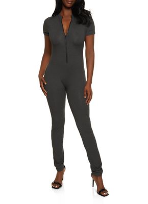 Womens Half Zip Mock Neck Short Sleeve Catsuit, Grey, Size L