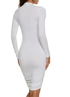 Womens Mock Neck Long Sleeve Ruched Side Dress, White,