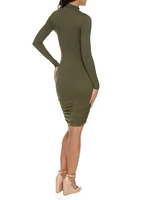 Womens Mock Neck Long Sleeve Ruched Side Dress, Green,