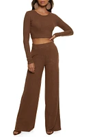 Womens Brushed Knit Crew Neck Crop Top, Brown, Size L