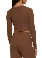Womens Brushed Knit Crew Neck Crop Top, Brown, Size L