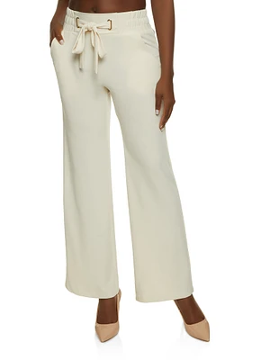 Womens Tie Front Waist Wide Leg Pants, White, Size L