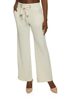 Womens Tie Front Waist Wide Leg Pants, White, Size L