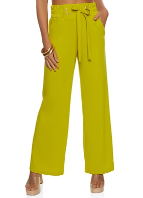 Womens Tie Front Waist Wide Leg Pants, Green, Size S