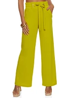 Womens Tie Front Waist Wide Leg Pants, Green, Size S