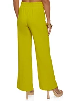 Womens Tie Front Waist Wide Leg Pants, Green, Size S