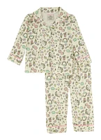 Baby Girls 12-24M Printed Notch Collar Pajama Top and Pants, White, Size 12M