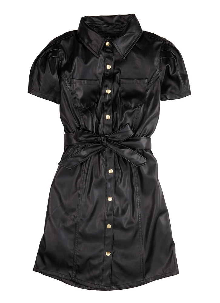 Girls Faux Leather Tie Waist Shirt Dress, Black, Size 10-12
