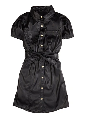 Girls Faux Leather Tie Waist Shirt Dress, Black, Size 10-12