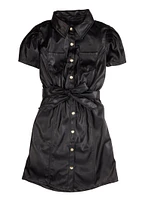 Girls Faux Leather Tie Waist Shirt Dress, Black, Size 10-12