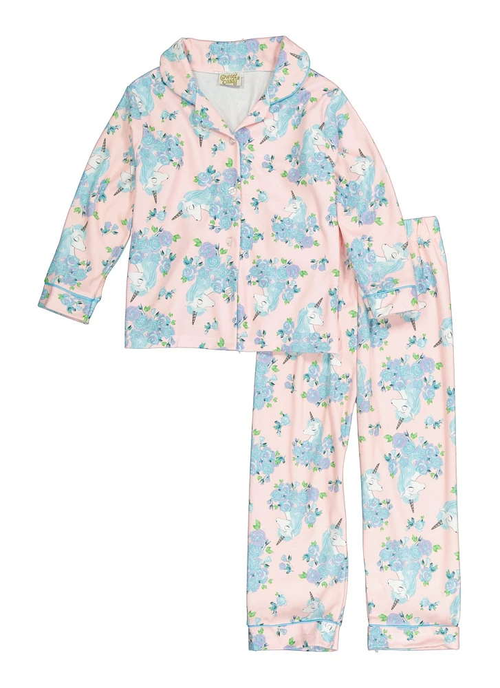 Little Girls Patterned Pajama Shirt and Pants Set, Pink, Size 4