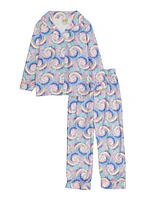 Little Girls Patterned Notch Collar Pajama Shirt and Pants, Blue,