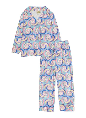 Little Girls Patterned Notch Collar Pajama Shirt and Pants, Blue, Size 6X