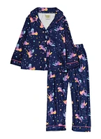 Little Girls Patterned Notch Collar Pajama Shirt and Pants, Blue,