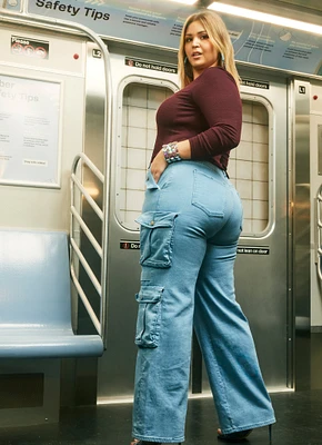 Womens Plus Size High Waist Wide Leg Cargo Jeans, Blue, Size 3X