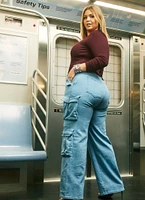 Womens Plus Size High Waist Wide Leg Cargo Jeans, Blue, Size 3X
