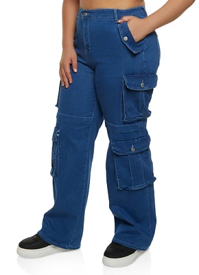 Womens Plus High Waist Wide Leg Cargo Jeans, Blue,