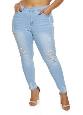 Womens Plus Size WAX Distressed Push Up Skinny Jeans, Blue, Size 16