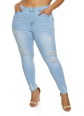 Womens Plus Size WAX Distressed Push Up Skinny Jeans, Blue, Size 14