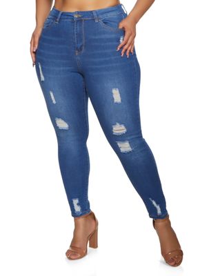 Womens Plus Size WAX Distressed Push Up Skinny Jeans, Blue, Size 16