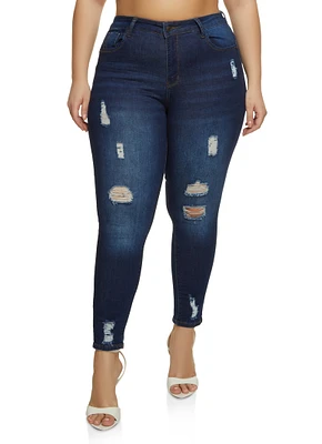 Womens Plus WAX Distressed Push Up Skinny Jeans, Blue,