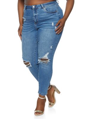 Womens Plus Size WAX Ripped Knee Skinny Jeans, Blue, Size 16