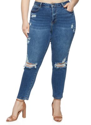 Womens Plus WAX Ripped Knee Skinny Jeans, Blue,