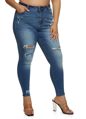 Womens Plus Size WAX Distressed High Waist Skinny Jeans, Blue, Size 14